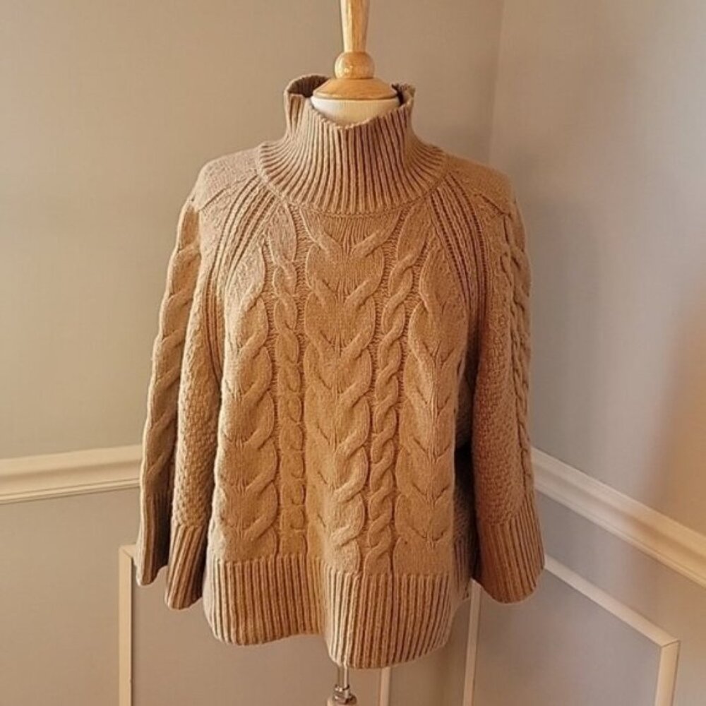BANANA REPUBLIC Cavo Camel Tan 3/4‎ Wide Sleeve Mock Neck Cable Knit Sweater M